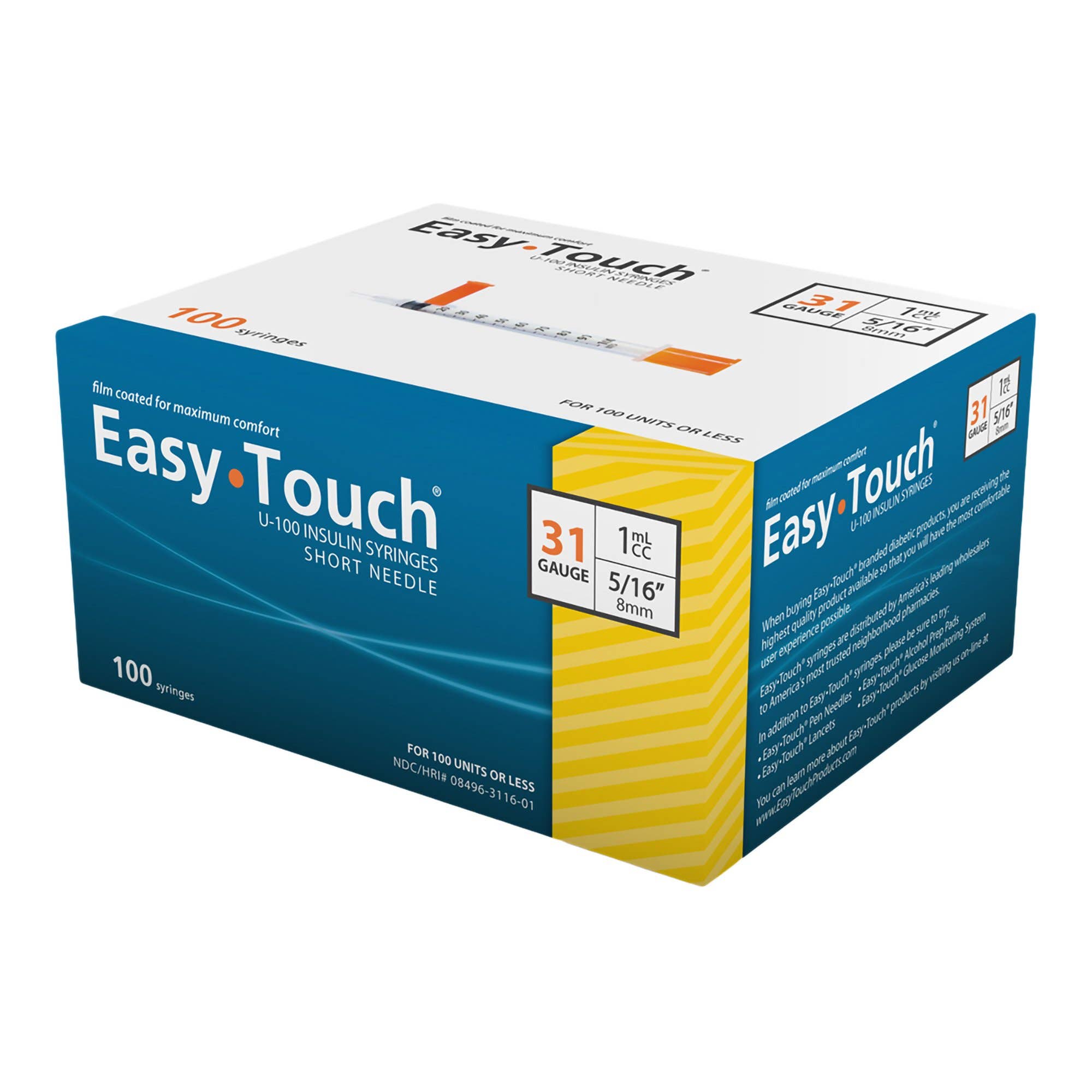 Standard Insulin Syringe with Needle EasyTouch 1 mL 5/16 Inch 31 Gauge NonSafety Thin Wall