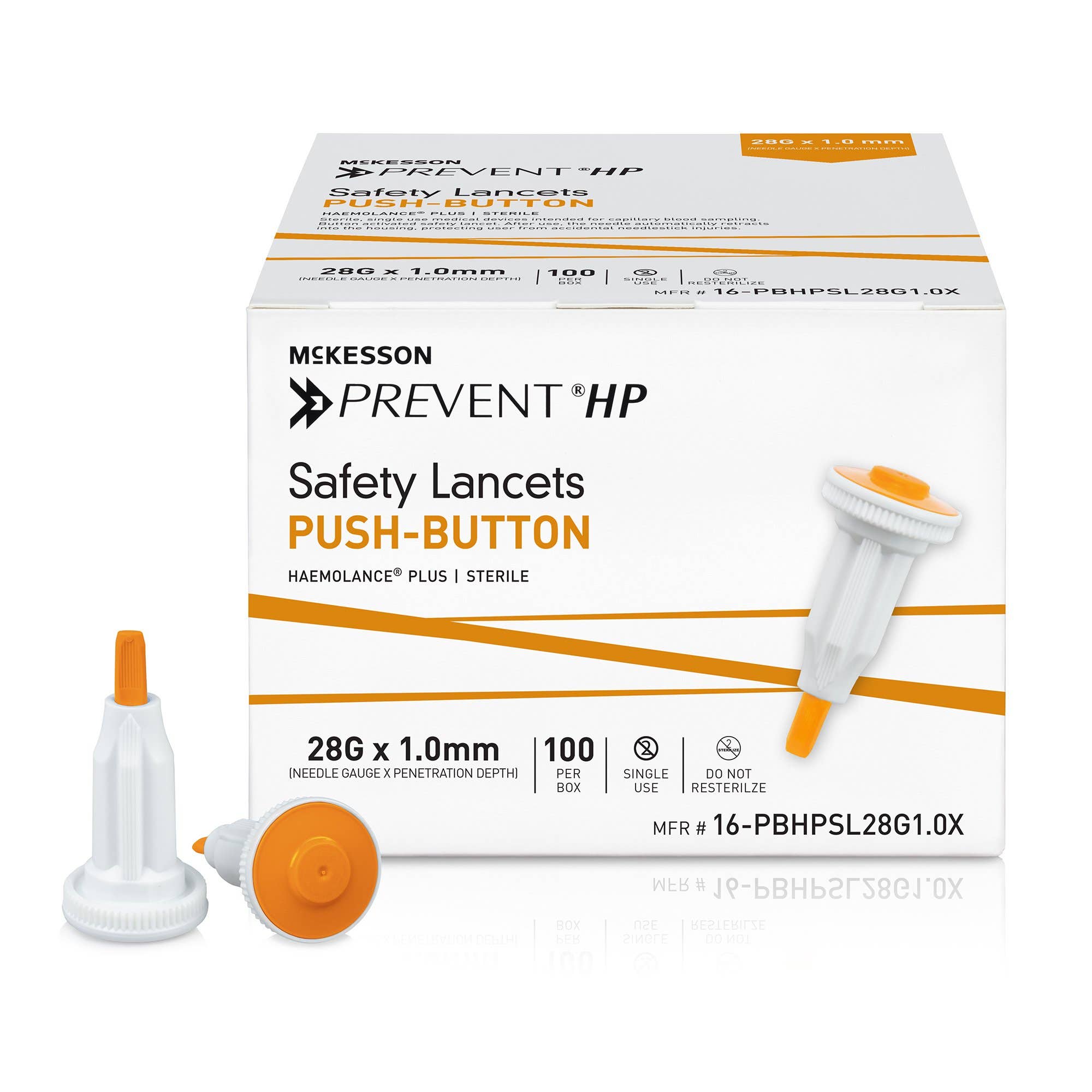 Safety Lancet McKesson Prevent HP, Retractable Push Button Activation Finger