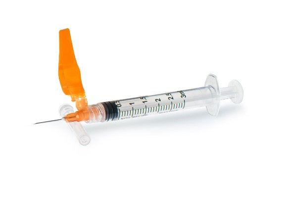 Safety Hypodermic Syringe with Needle McKesson Prevent HT 3 mL 5/8 Inch 25 Gauge Hinged Safety Needle Thin Wall