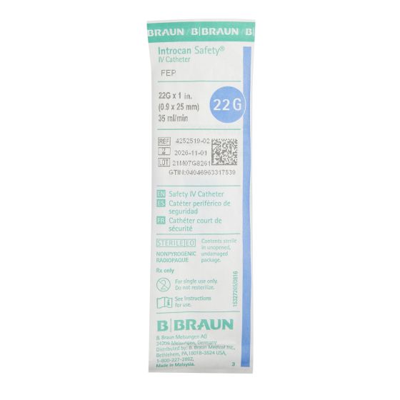 Peripheral IV Catheter Introcan Safety 22 Gauge 1 Inch Sliding Safety Needle