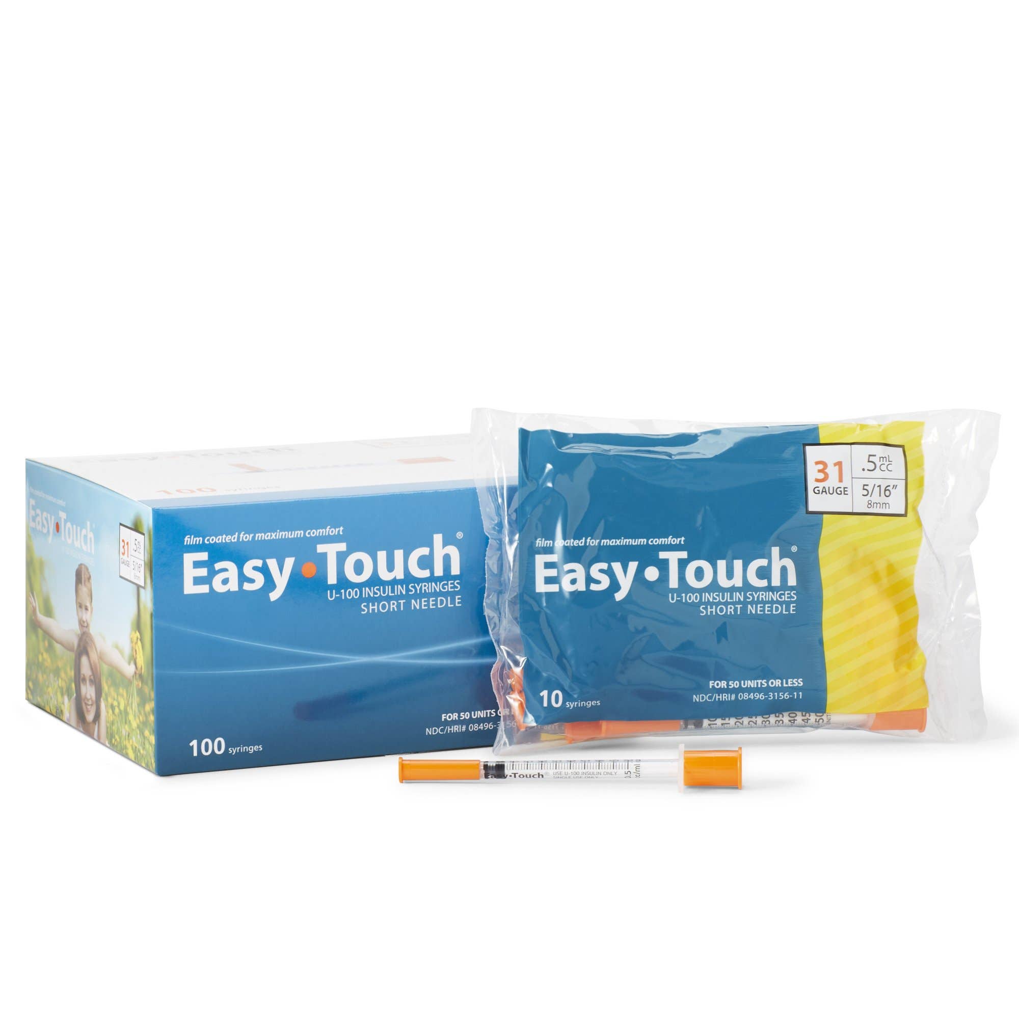Standard Insulin Syringe with Needle EasyTouch 0.5 mL 5/16 Inch 31 Gauge NonSafety Thin Wall - CS/500