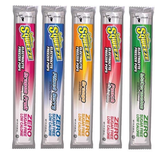 Oral Electrolyte Solution Sqwincher Squeeze Zero Freezer Pop Punch / Orange / Dragon Fruit / Mixed Berry / Watermelon Flavor 3 oz. Electrolyte - 10/BG