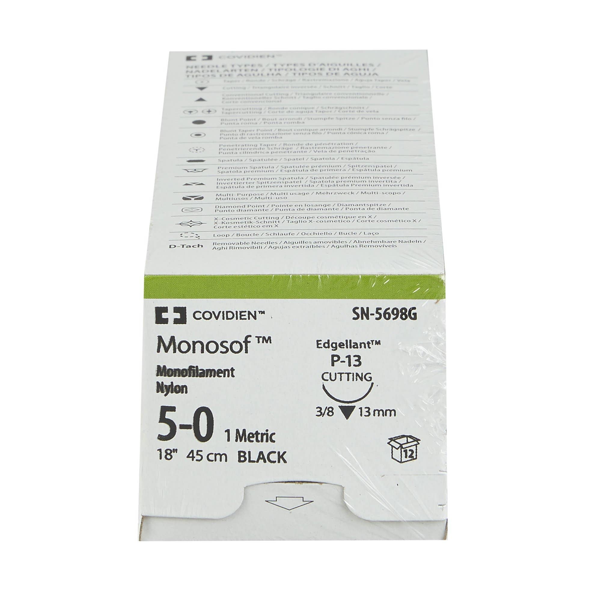 Nonabsorbable Suture with Needle Monosof~Dermalon Nylon P-13 3/8 Circle Precision Reverse Cutting Needle Size 5 - 0 Monofilament - 12/BX